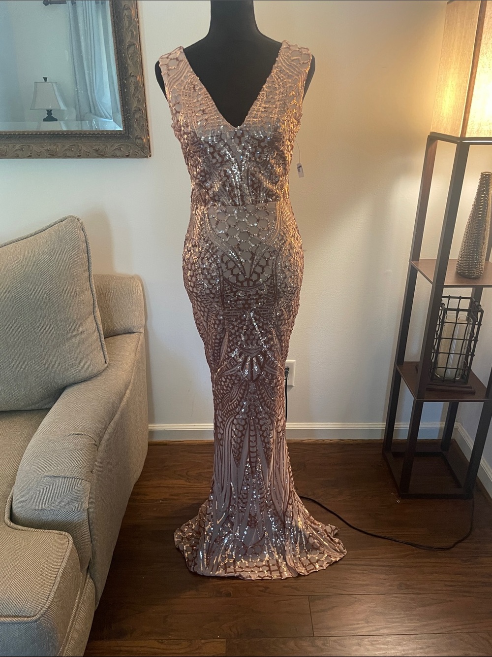 Sleeveless Rose Gold Sequin V-Neck Prom Gown